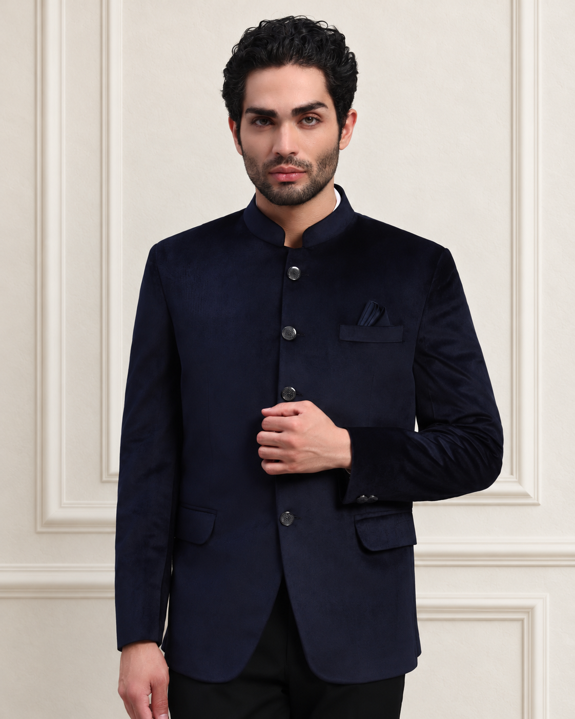 Men's Blue Velvet Bandhgala Party Wear Blazer